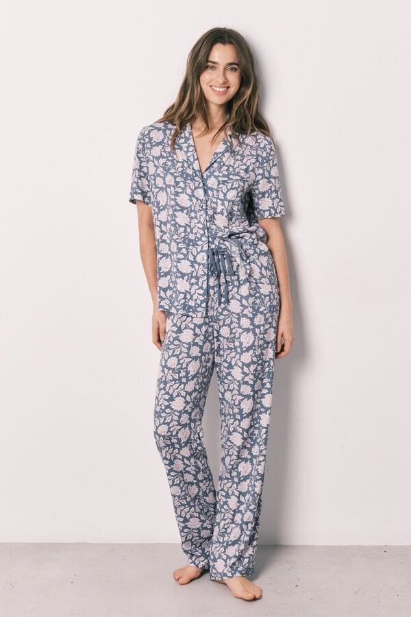 Women'secret Pijama camiseiro estampado de flores viscose azul