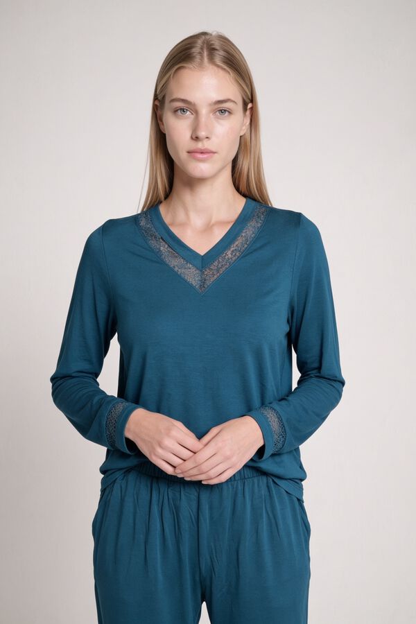 Gisela Pijama comprido com detalhes de renda azul
