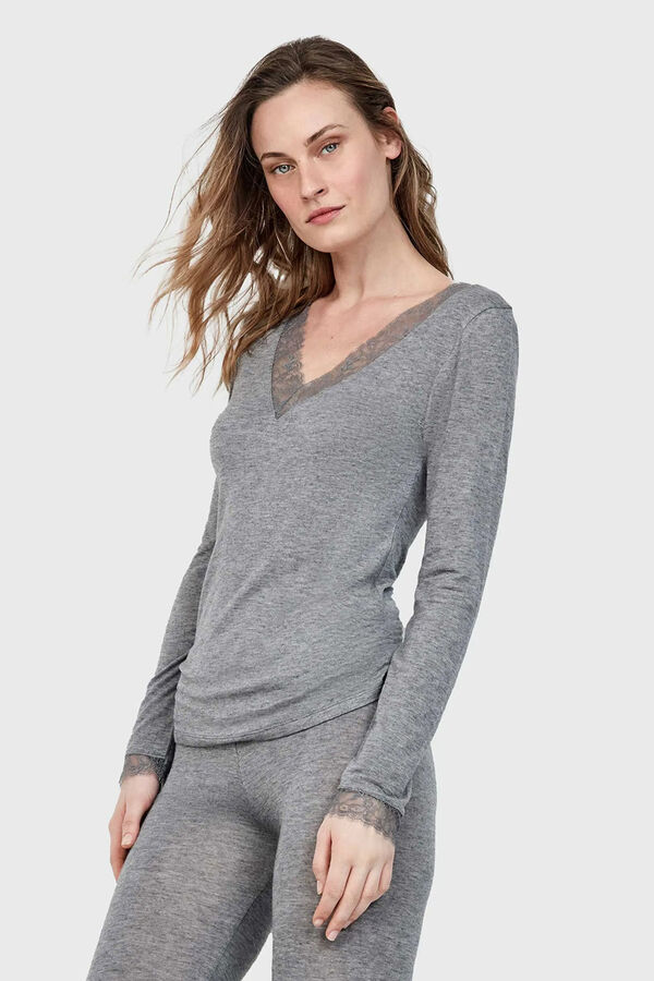 Gisela T-shirt térmica gola em V com renda cinzento