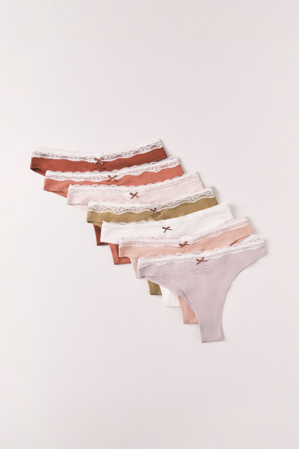 Women'secret Pack 7 cuequinhas brasileiras em algod&atilde;o lisas de renda castanho