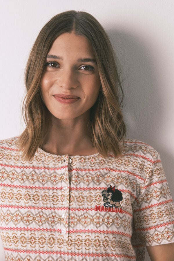 Women'secret Pijama longo textura waffle felpudo com faixas Mafalda bege