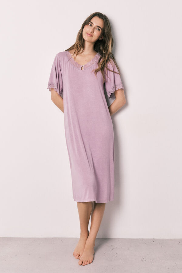 Women'secret Camisa de dormir comprida toque suave em viscose rosa rosa