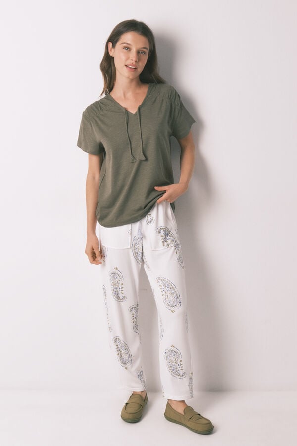 Women'secret T-shirt manga curta franzida em algod&atilde;o verde bege