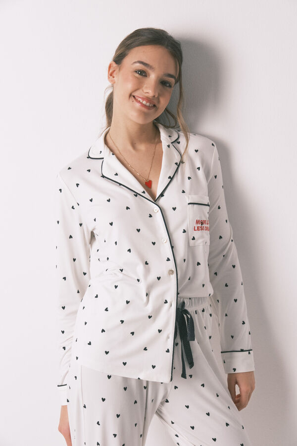 Women'secret Pijama camisero largo estampado corazones blanco