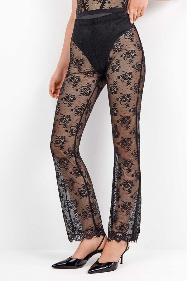 Gisela Pantalón largo elástico de encaje floral transparente y delicado negro