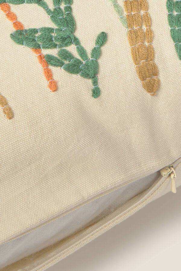 Textura Capa de almofada de algodão com detalhes de plantas e flores no centro branco