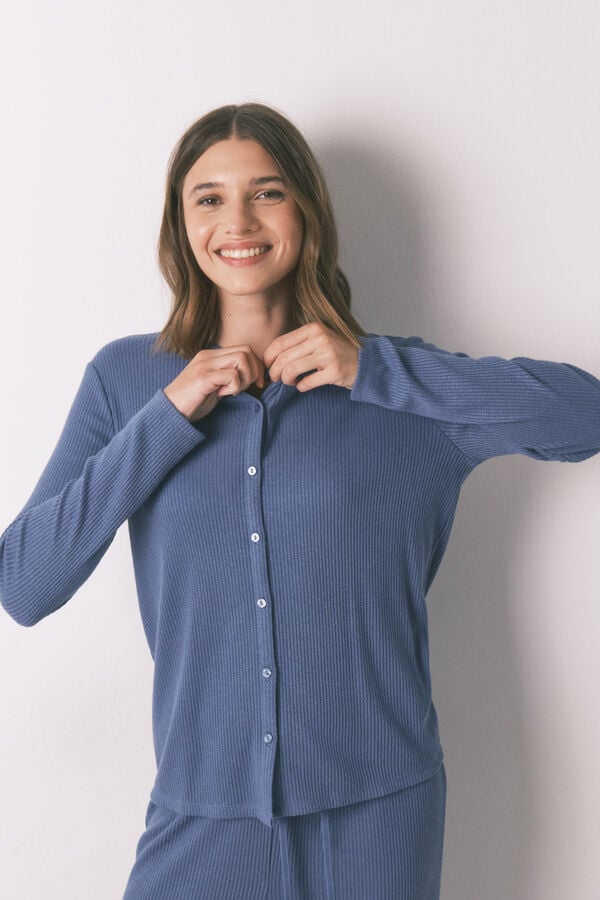 Women'secret Pijama comprido canalé com efeito brilho azul azul