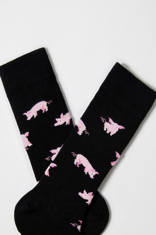 Besocks Meias altas estampado de porquinhos em algod&atilde;o org&acirc;nico preto
