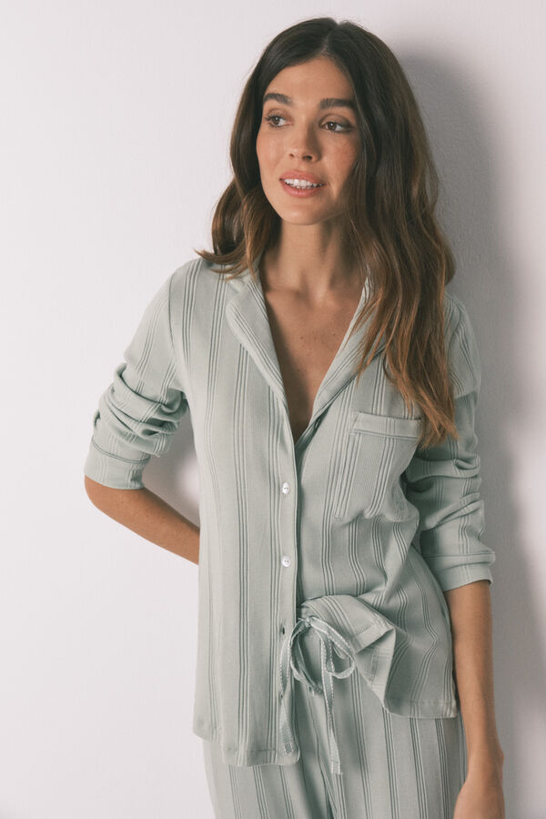 Women'secret Pijama camiseiro comprido em algod&atilde;o canelado verde verde