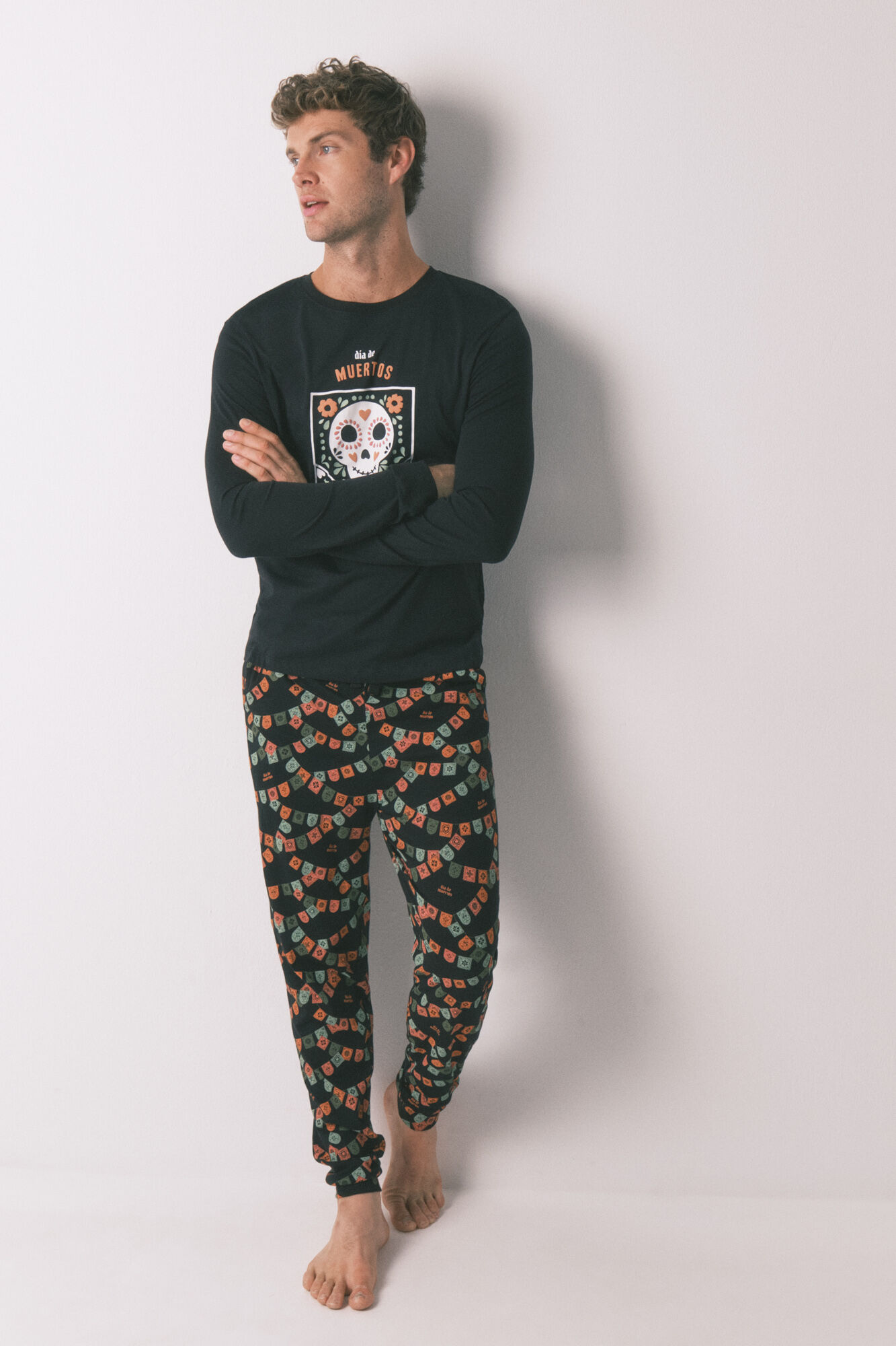 Women'secret Pijama largo 100% algod&oacute;n "D&iacute;a de muertos" negro