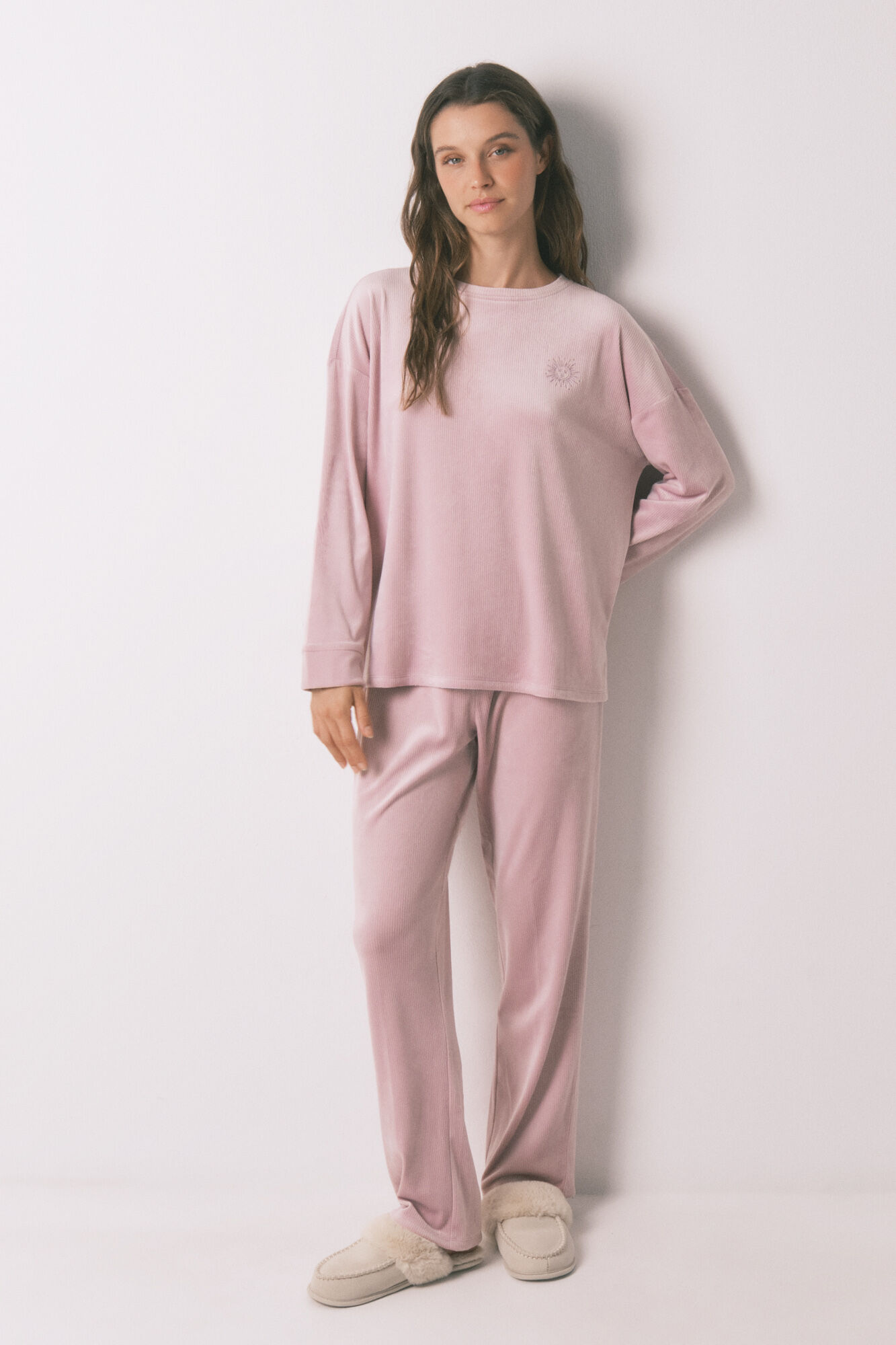 Women'secret Pijama comprido em veludo rosa suave 