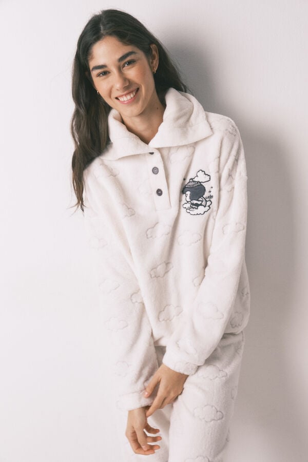 Women'secret Pijama comprido em polar estampado de nuvens cinza cinzento