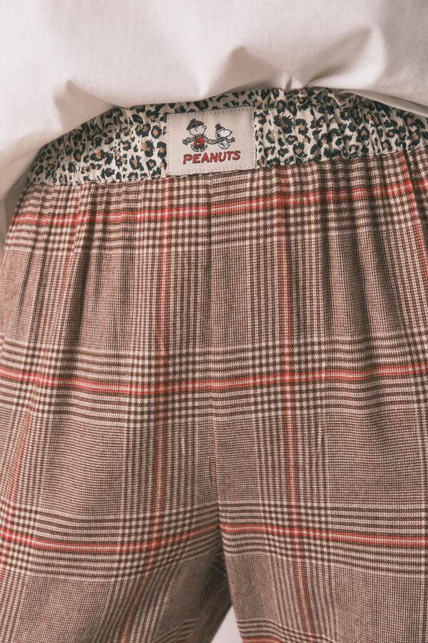 Women'secret Pijama longo 100% algodão estampado xadrez Snoopy bege