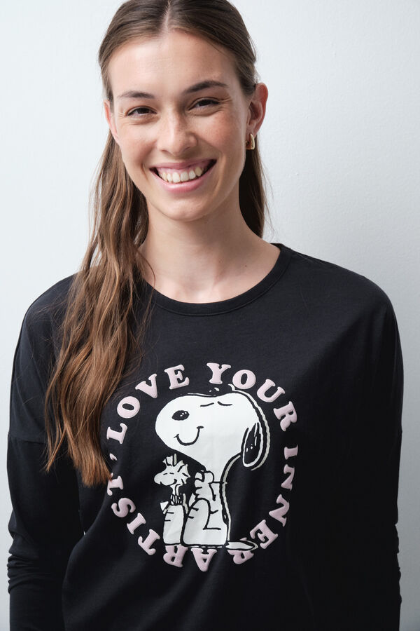 Women'secret Pijama comprido em algod&atilde;o Snoopy cinza escuro cinzento