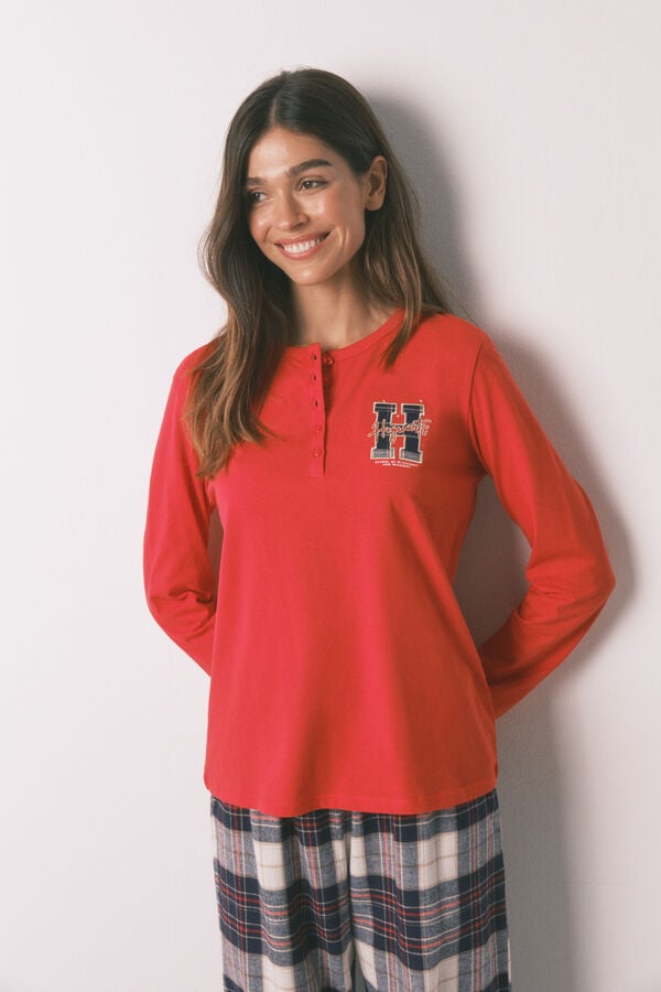 Women'secret Pijama comprido 100% algodão estampado xadrez "Hogwarts" vermelho