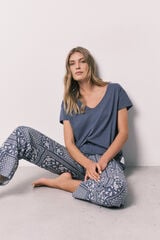Women'secret Pijama comprido de manga curta em algod&atilde;o estampado bandana azul azul