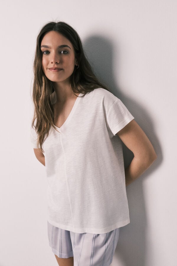 Women'secret Pijama curto em algod&atilde;o e viscose &agrave;s riscas bege