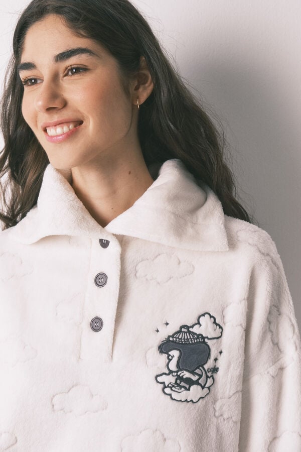 Women'secret Pijama comprido em polar estampado de nuvens cinza cinzento