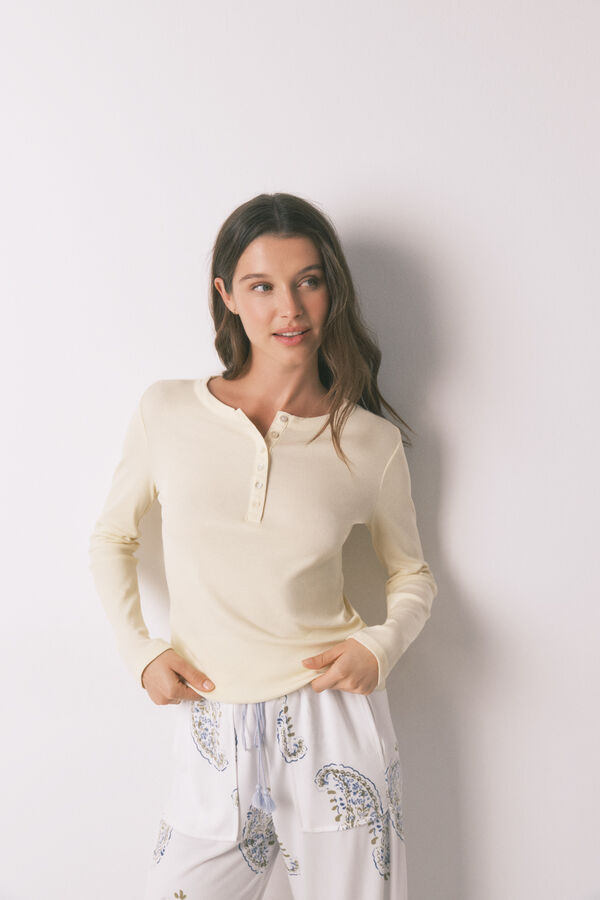 Women'secret T-shirt manga comprida em algod&atilde;o amarelo estampado