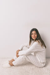 Women'secret Pijama comprido polar estampado riscas lurex bege