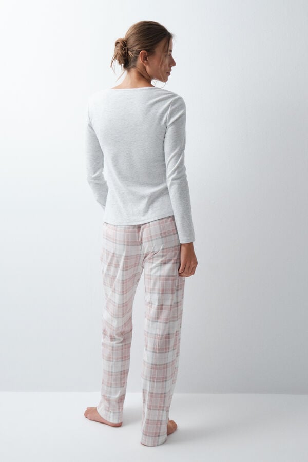 Women'secret Pijama comprido em algod&atilde;o xadrez cinzento