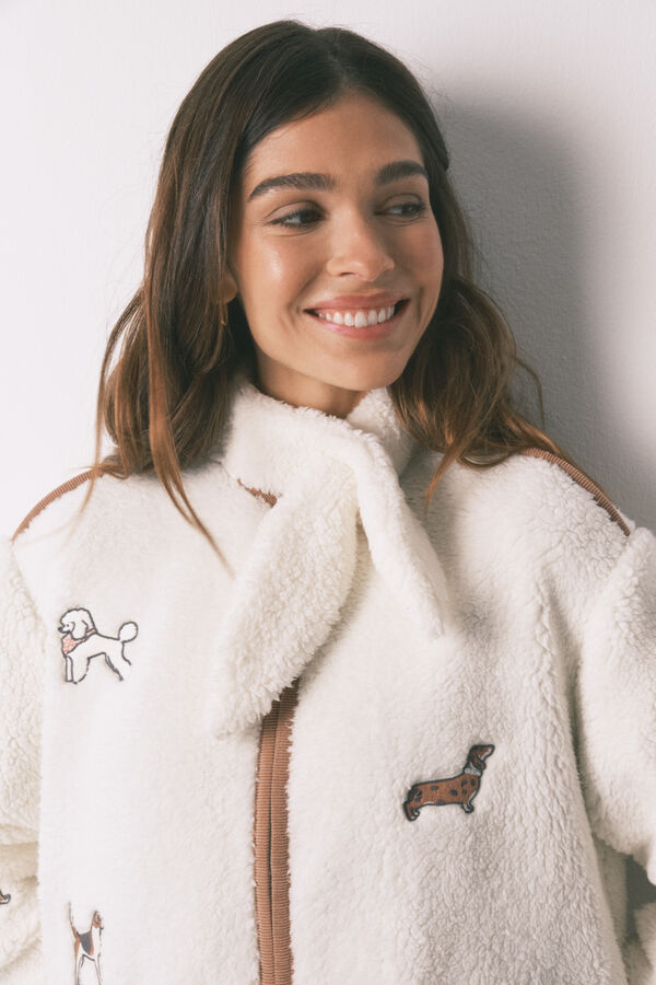 Women'secret Robe acolchoado em pelo com aplica&ccedil;&otilde;es de c&atilde;ezinhos bege