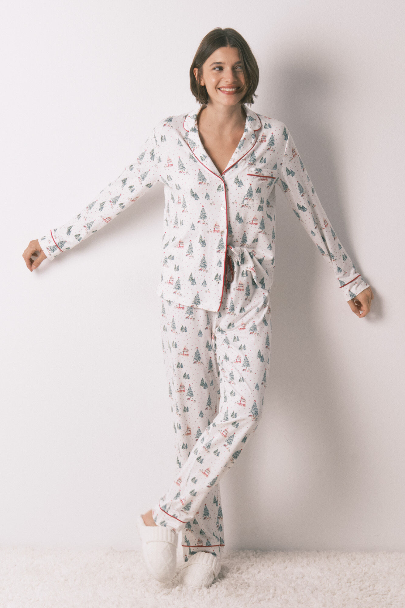 Women'secret Pijama camisero largo estampado navidad blanco