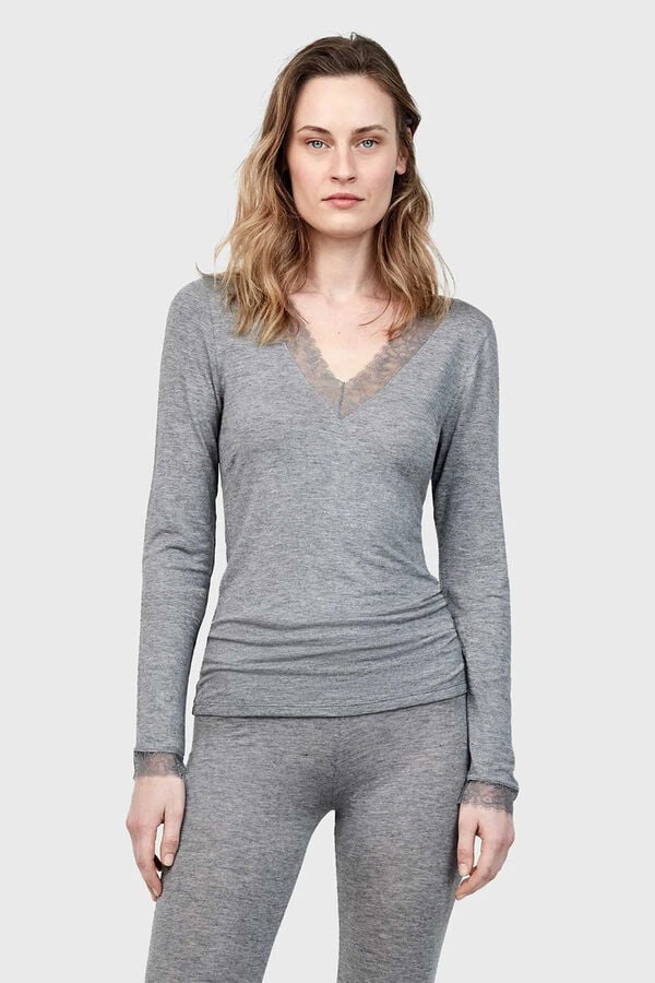 Gisela T-shirt térmica gola em V com renda cinzento