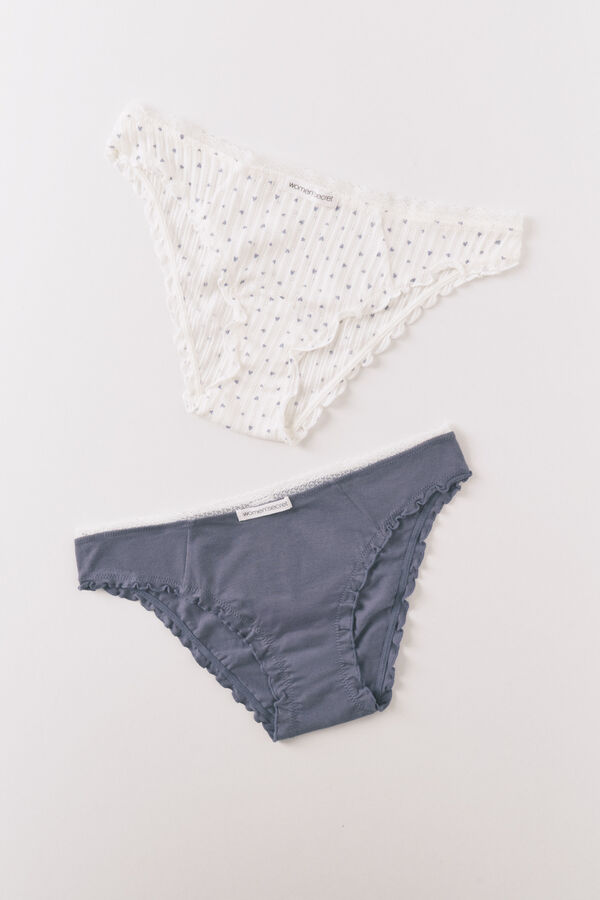 Women'secret Pack 2 cuecas cl&aacute;ssicas em algod&atilde;o azul e estampado branco estampado