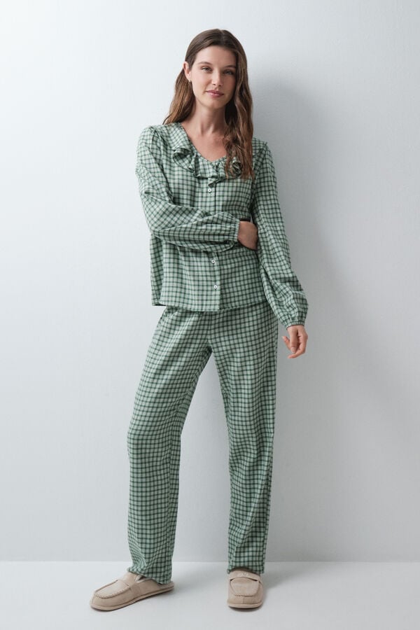 Women'secret Pijama comprido aos quadrados com folhos verde