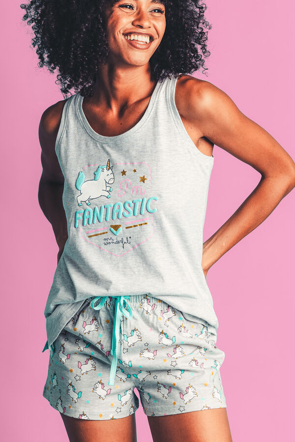 Mr. Wonderful Pijama feminino curto mangas sou fantástico Sr. Maravilhoso cinzento