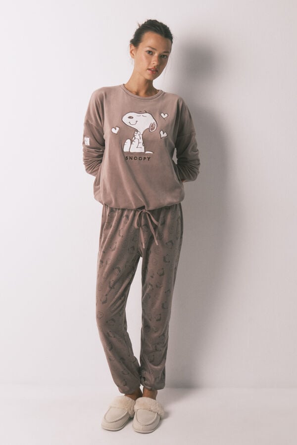 Women'secret Pijama longo em veludo stretch marrom do Snoopy cru