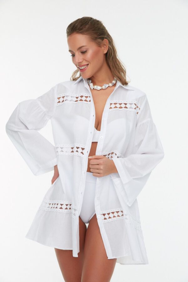 Trendyol Camisa comprida de praia com riscas branco