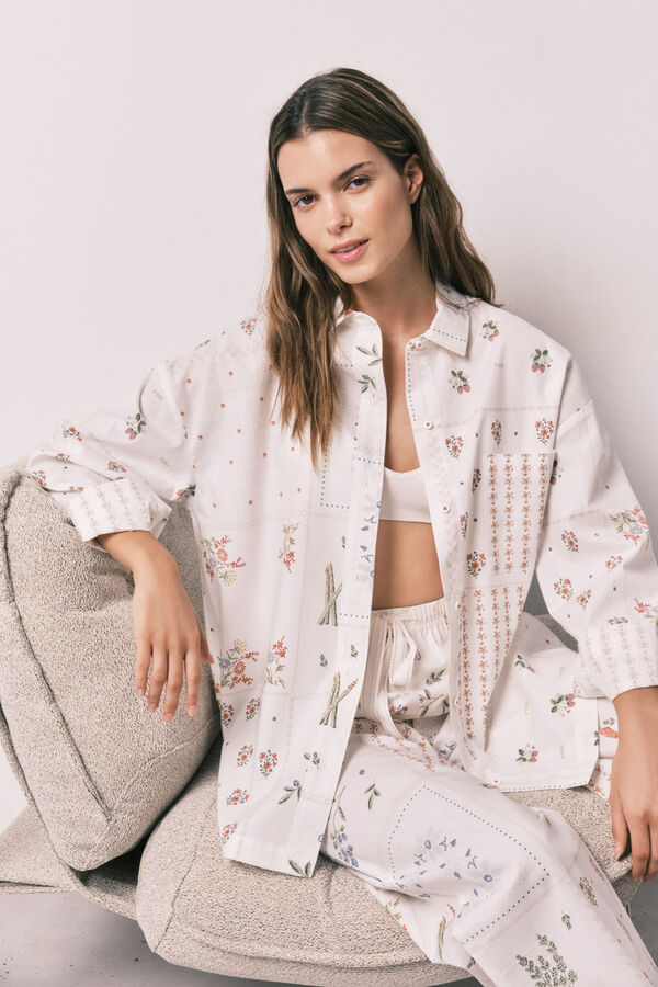 Women'secret Camisa de manga comprida em popelina com estampado floral branco
