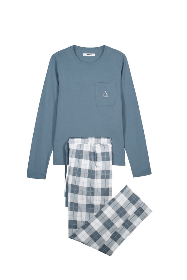 Women'secret Pijama comprido em algod&atilde;o verde aos quadrados azul