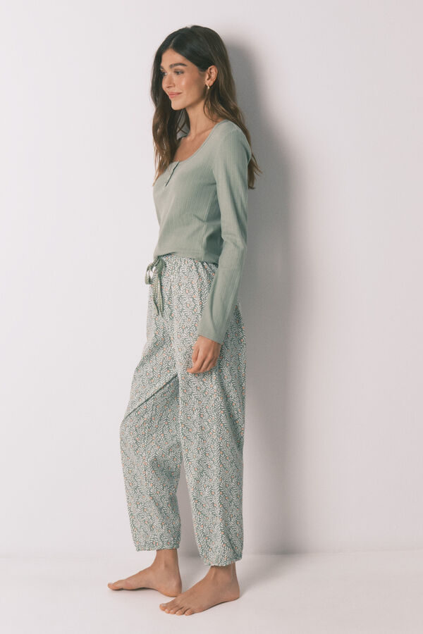 Women'secret Pijama largo algod&oacute;n estampado flores verde verde
