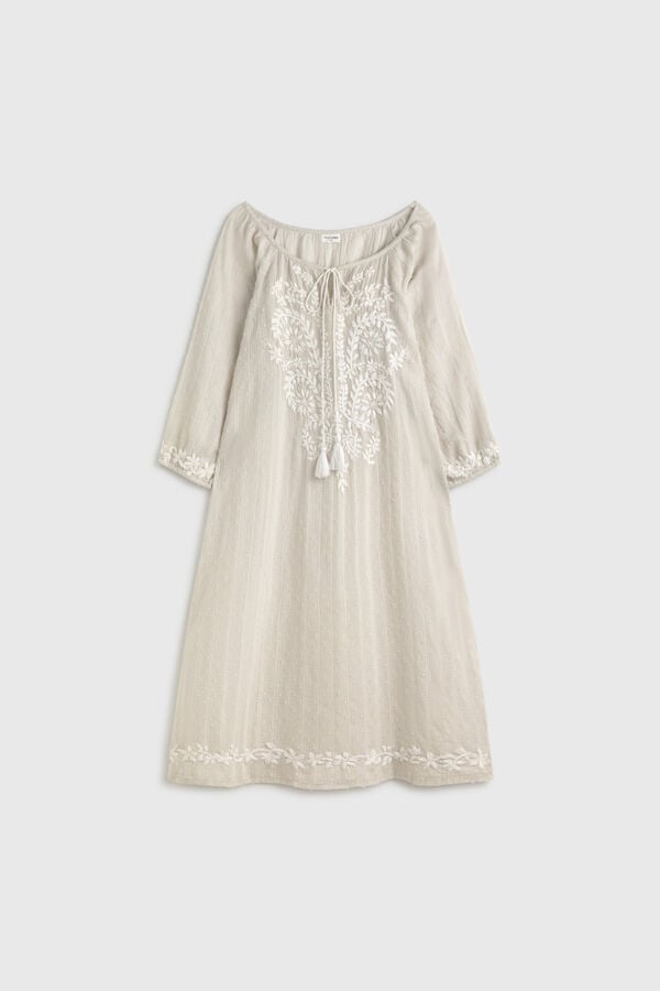 Textura T&uacute;nica de praia em algod&atilde;o bordada cinzento