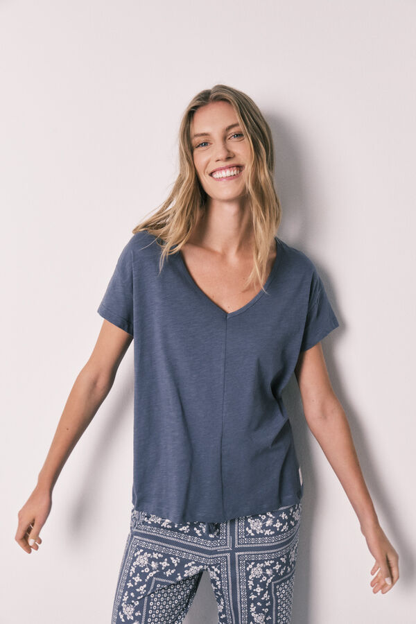 Women'secret Pijama comprido de manga curta em algod&atilde;o estampado bandana azul azul