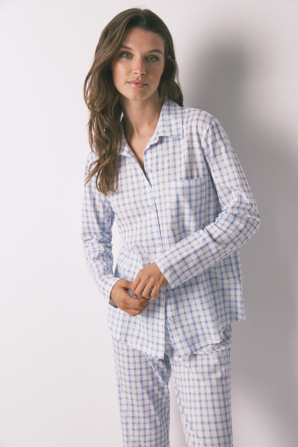 Women'secret Pijama camisero algod&oacute;n cuadros azul  estampado