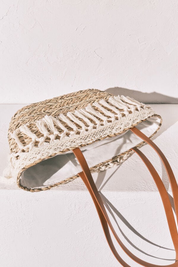 Women'secret Mala m&eacute;dia cesto de r&aacute;fia e crochet branco