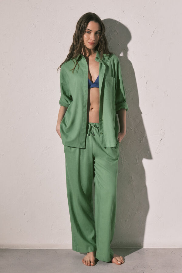 Women'secret Camisa de manga comprida em linho verde verde