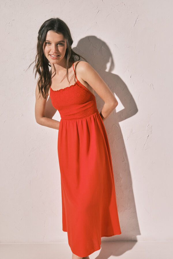 Women'secret Vestido comprido em linho laranja borgonha