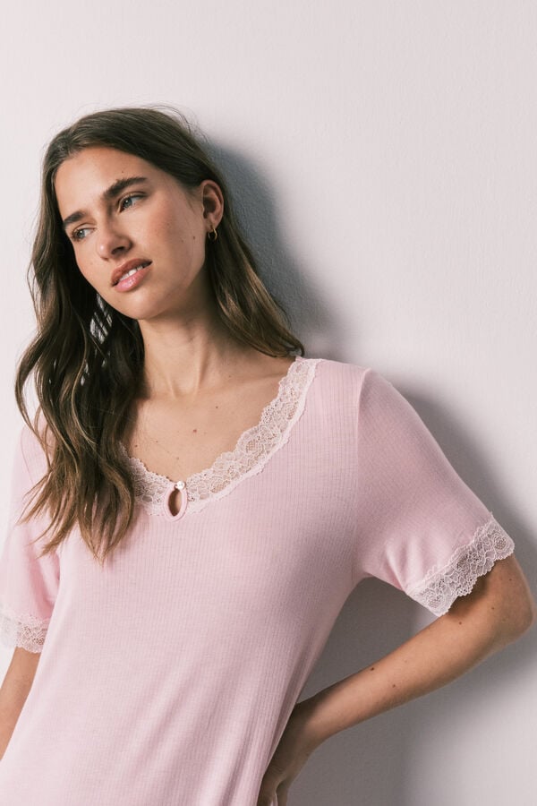 Women'secret Camisa de dormir midi em viscose e renda rosa rosa