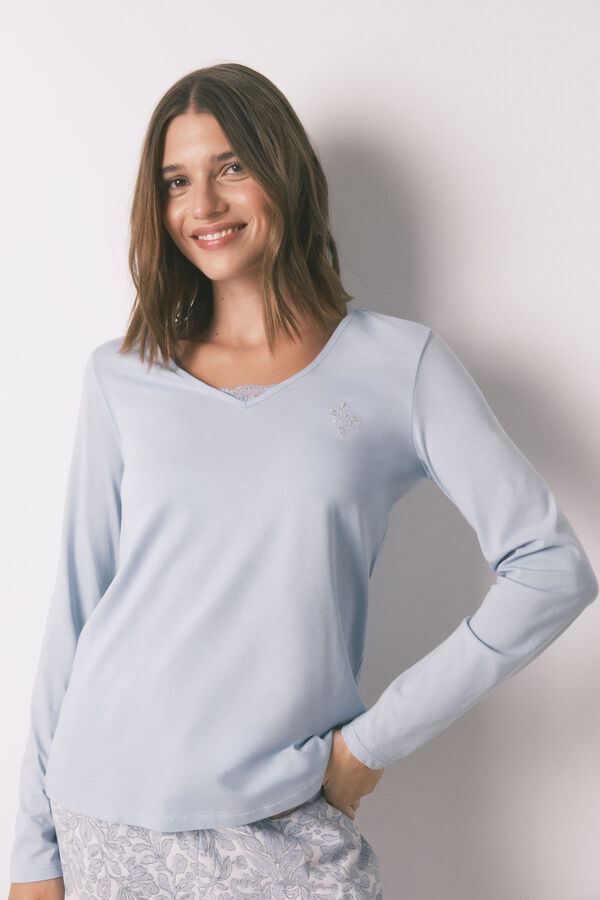 Women'secret Pijama comprido 100% algod&atilde;o com estampa floral azul azul