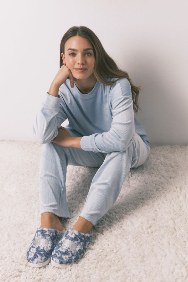 Women'secret Chinelos de quarto com remendo de borrego brilhante azul