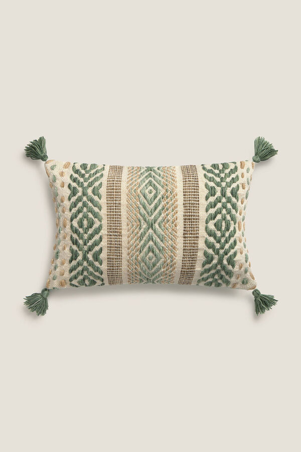 Textura Capa de almofada bordada com pompons verde