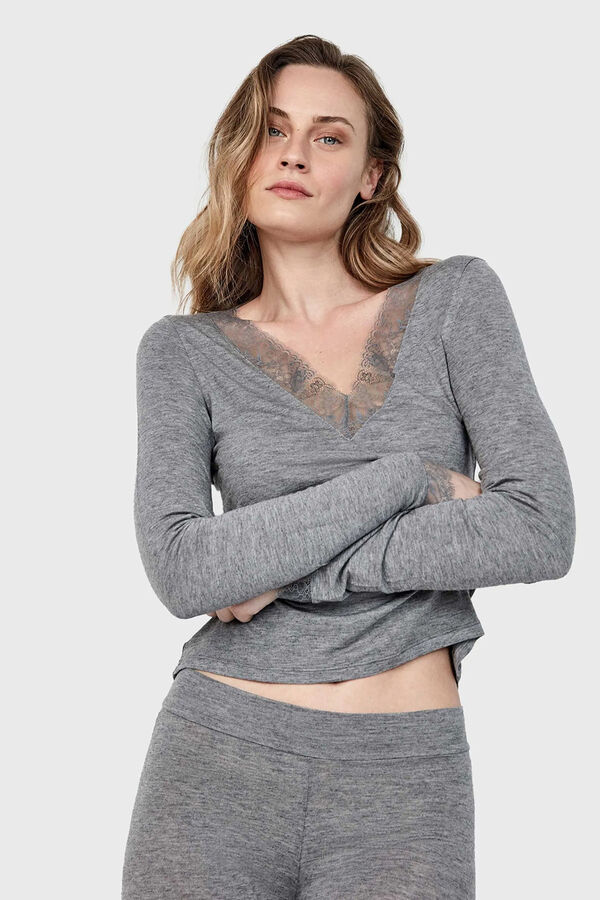 Gisela T-shirt térmica gola em V com renda cinzento