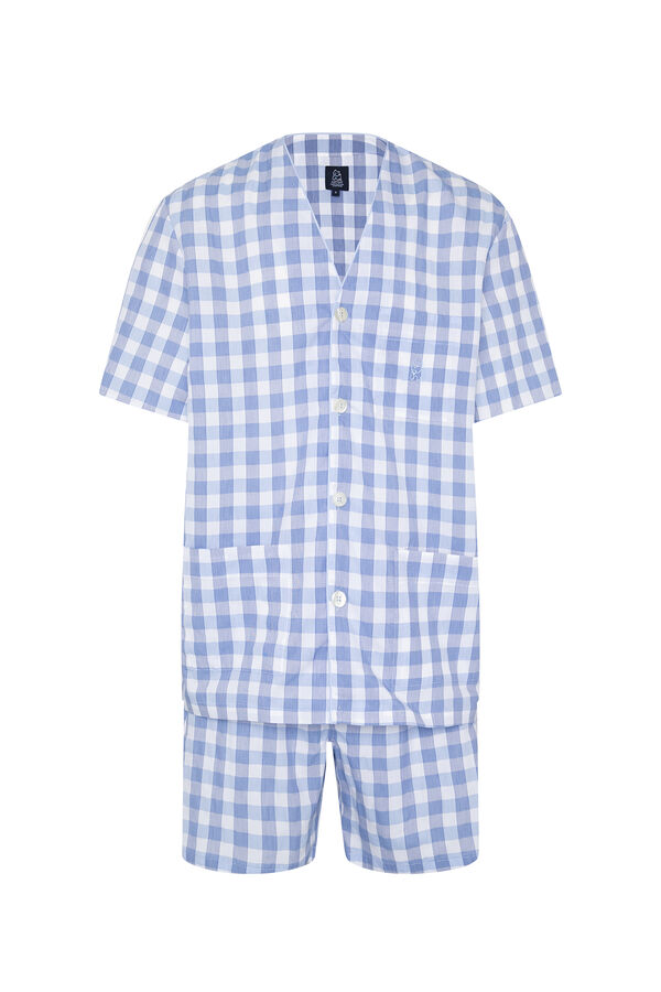 Kiff-Kiff Pijama curto de algodão com xadrez grande em tons de azul  azul