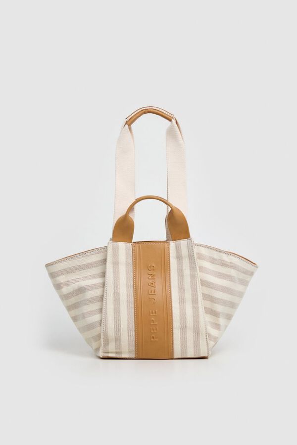 Pepe Jeans Mala de m&atilde;o em lona &agrave;s riscas bege
