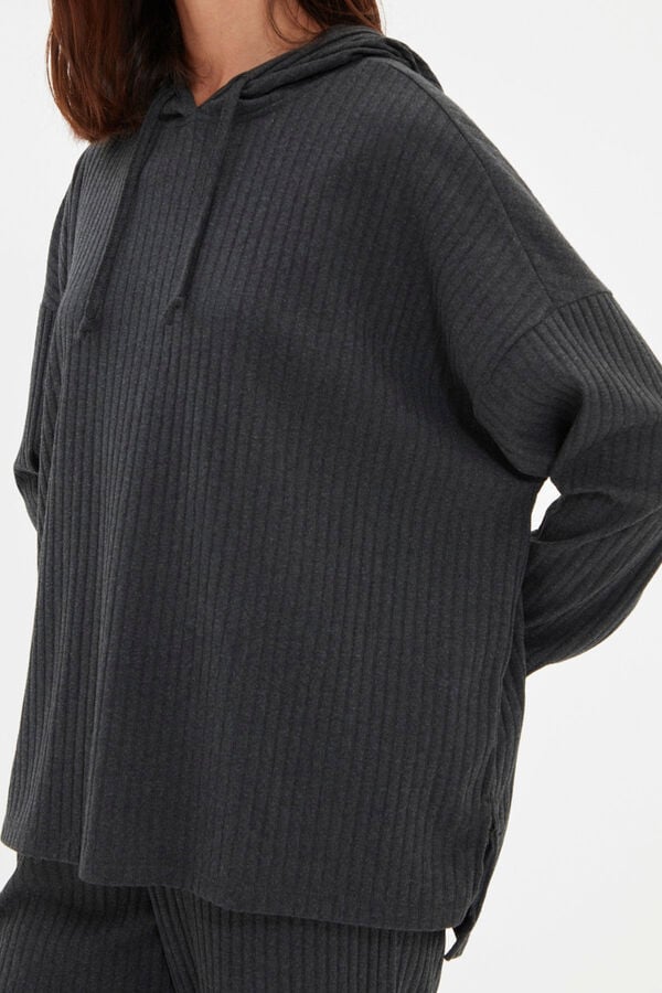 Trendyol Conjunto de pijama de malha canelada com capuz antracite  cinzento